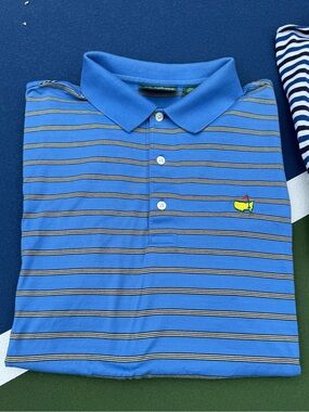 2 Like new Masters Striped and Solid Polo Shirts in Blue, Yellow,White qty of 2!
